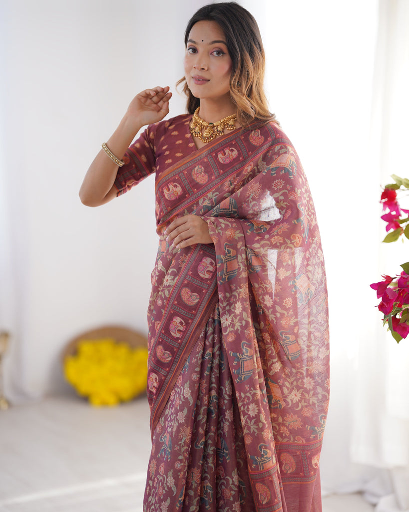 Maroon Pure Linen Cotton Handloom Saree with Elephant Motifs and Floral Digital Print LINEN HANDLOOM
