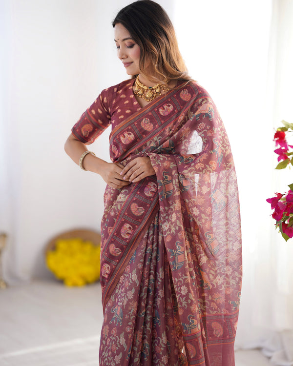 Maroon Pure Linen Cotton Handloom Saree with Elephant Motifs and Floral Digital Print LINEN HANDLOOM