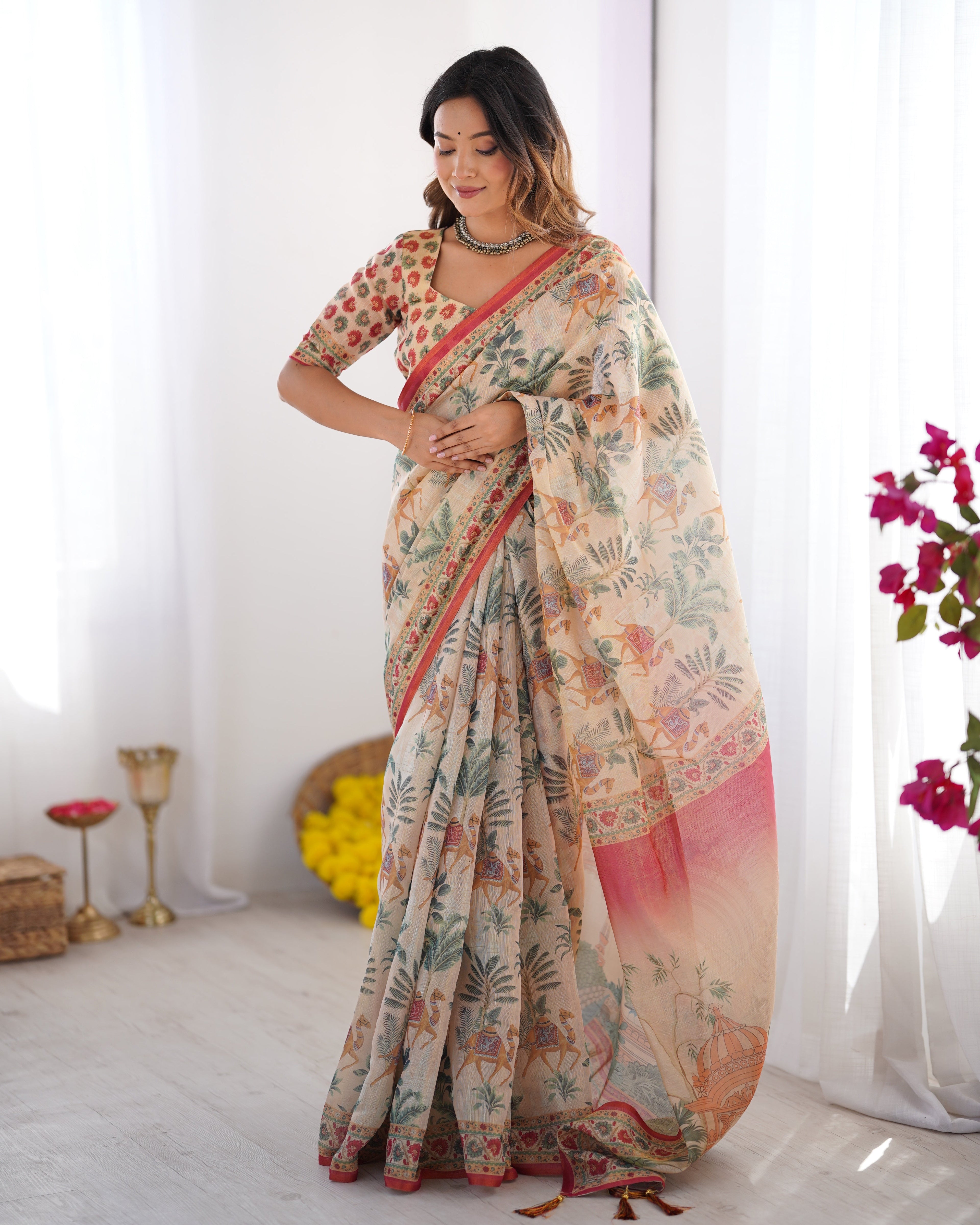 Beige & Red Handloom Linen Cotton Saree with Camel Caravan & Palace Artwork LINEN HANDLOOM