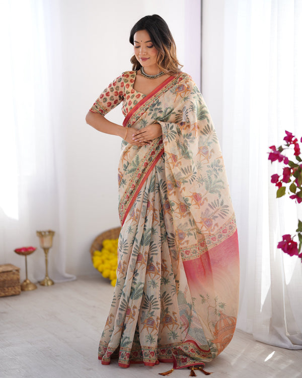 Beige & Red Handloom Linen Cotton Saree with Camel Caravan & Palace Artwork LINEN HANDLOOM