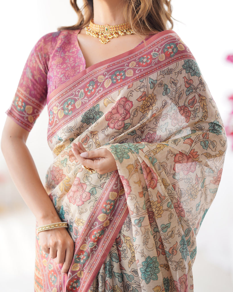 Cream & Pink Handloom Cotton Saree with Pastel Floral Print and Ornamental Tree Pallu LINEN HANDLOOM