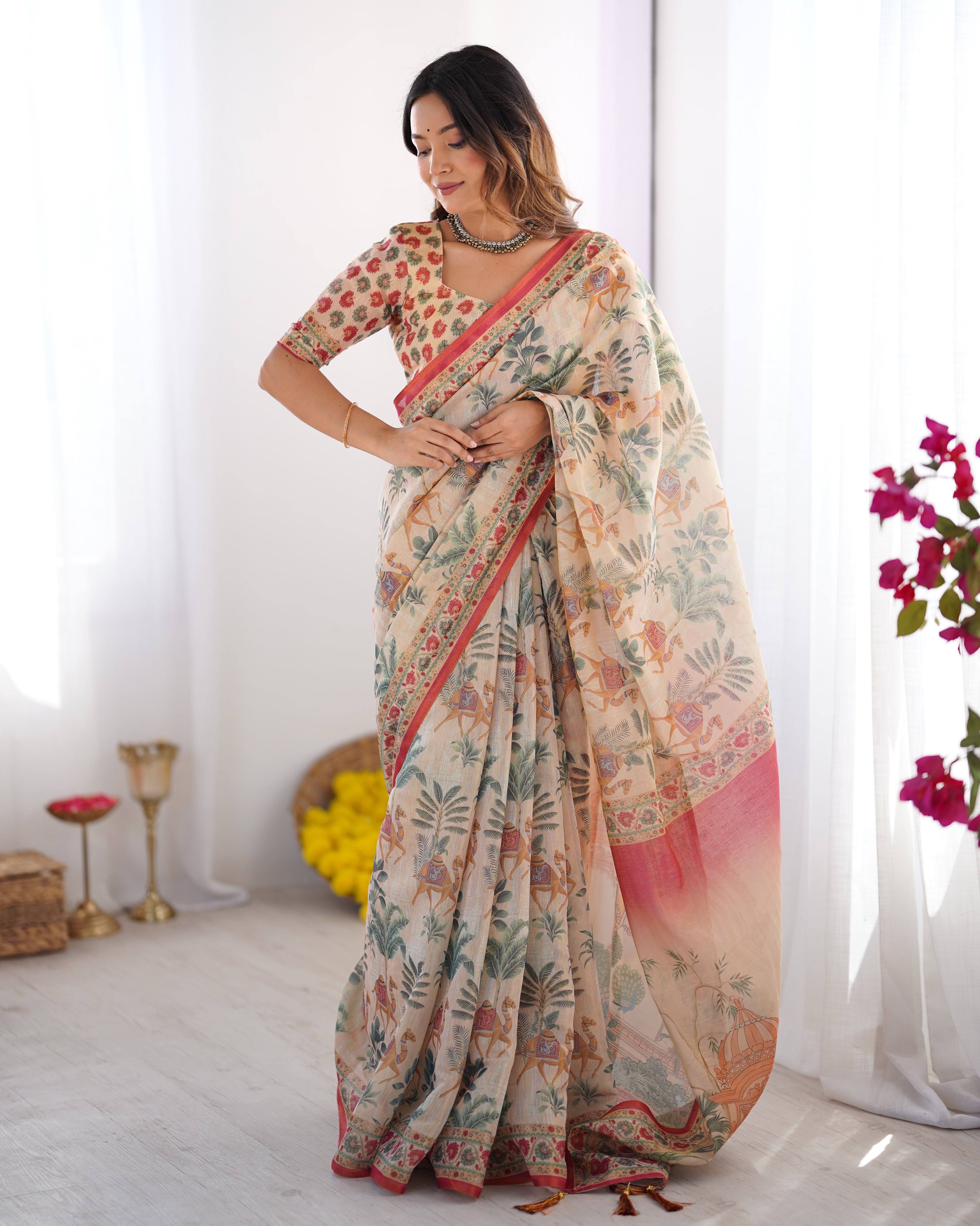 Beige & Red Handloom Linen Cotton Saree with Camel Caravan & Palace Artwork Secondary image