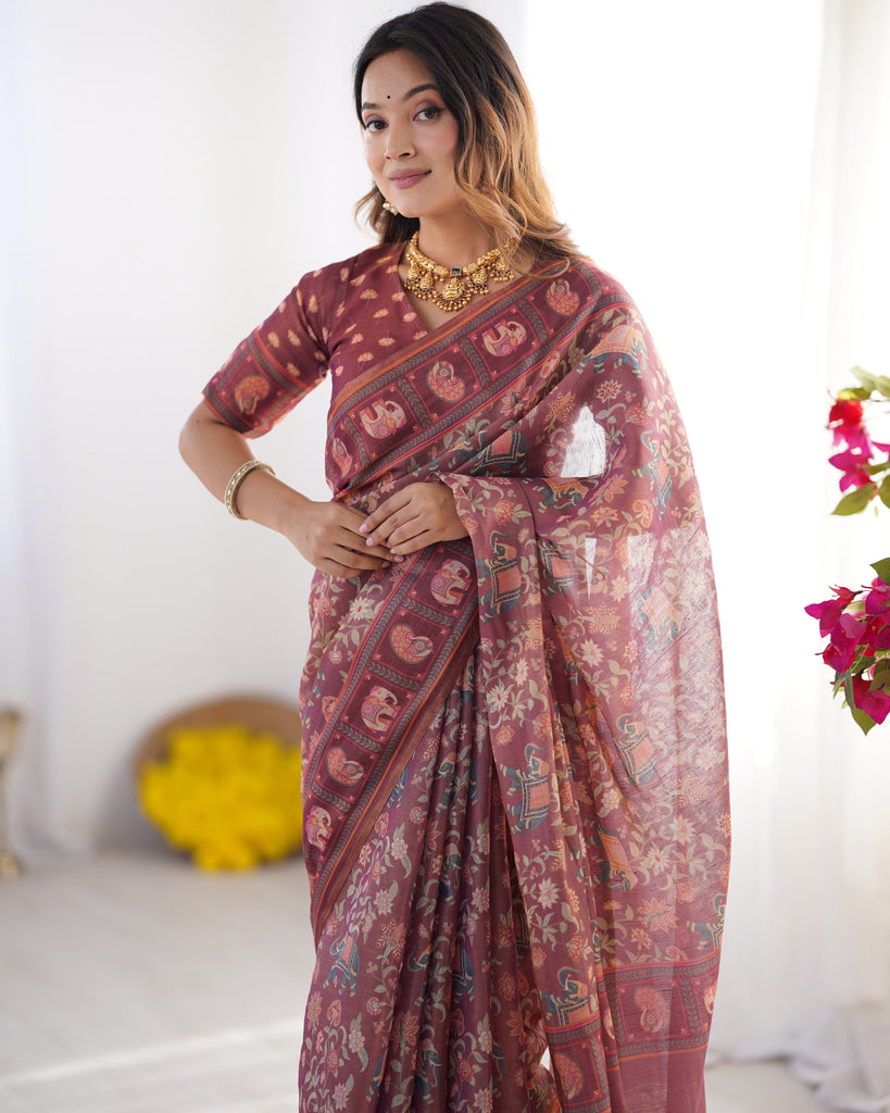 Maroon Pure Linen Cotton Handloom Saree with Elephant Motifs and Floral Digital Print LINEN HANDLOOM