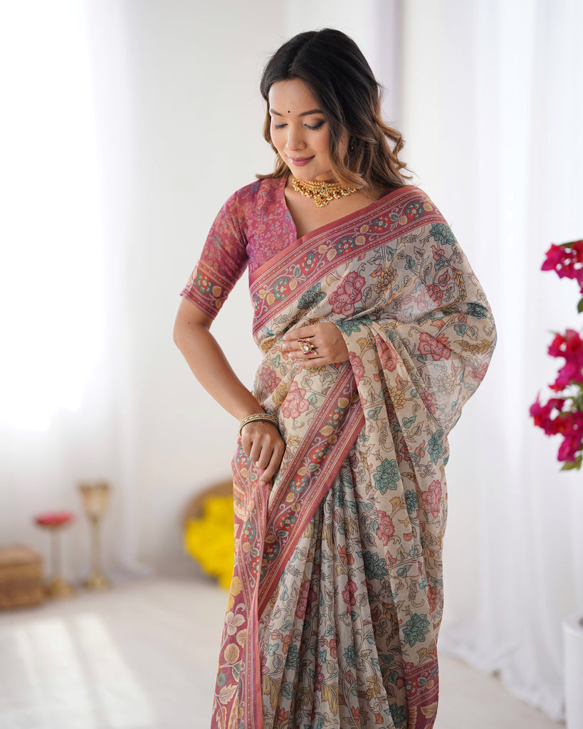 Cream & Pink Handloom Cotton Saree with Pastel Floral Print and Ornamental Tree Pallu LINEN HANDLOOM