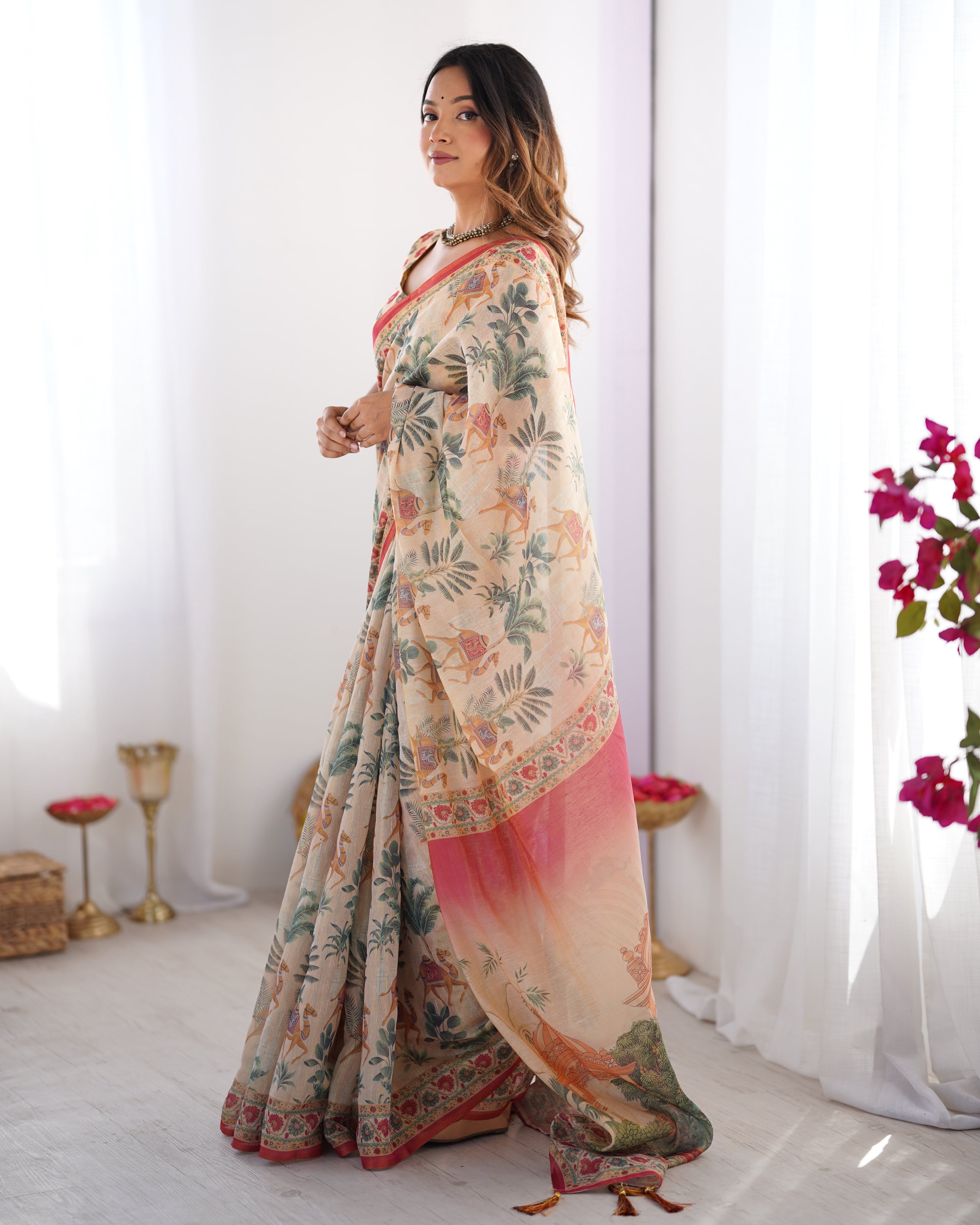 Beige & Red Handloom Linen Cotton Saree with Camel Caravan & Palace Artwork LINEN HANDLOOM