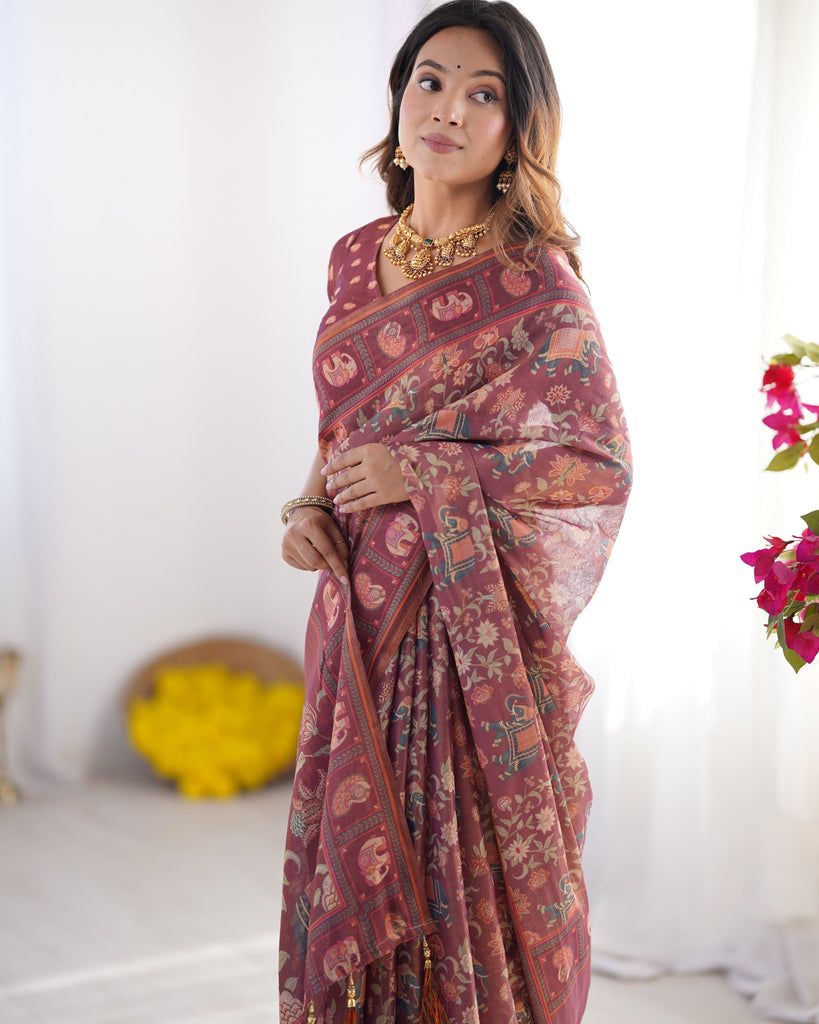 Maroon Pure Linen Cotton Handloom Saree with Elephant Motifs and Floral Digital Print LINEN HANDLOOM