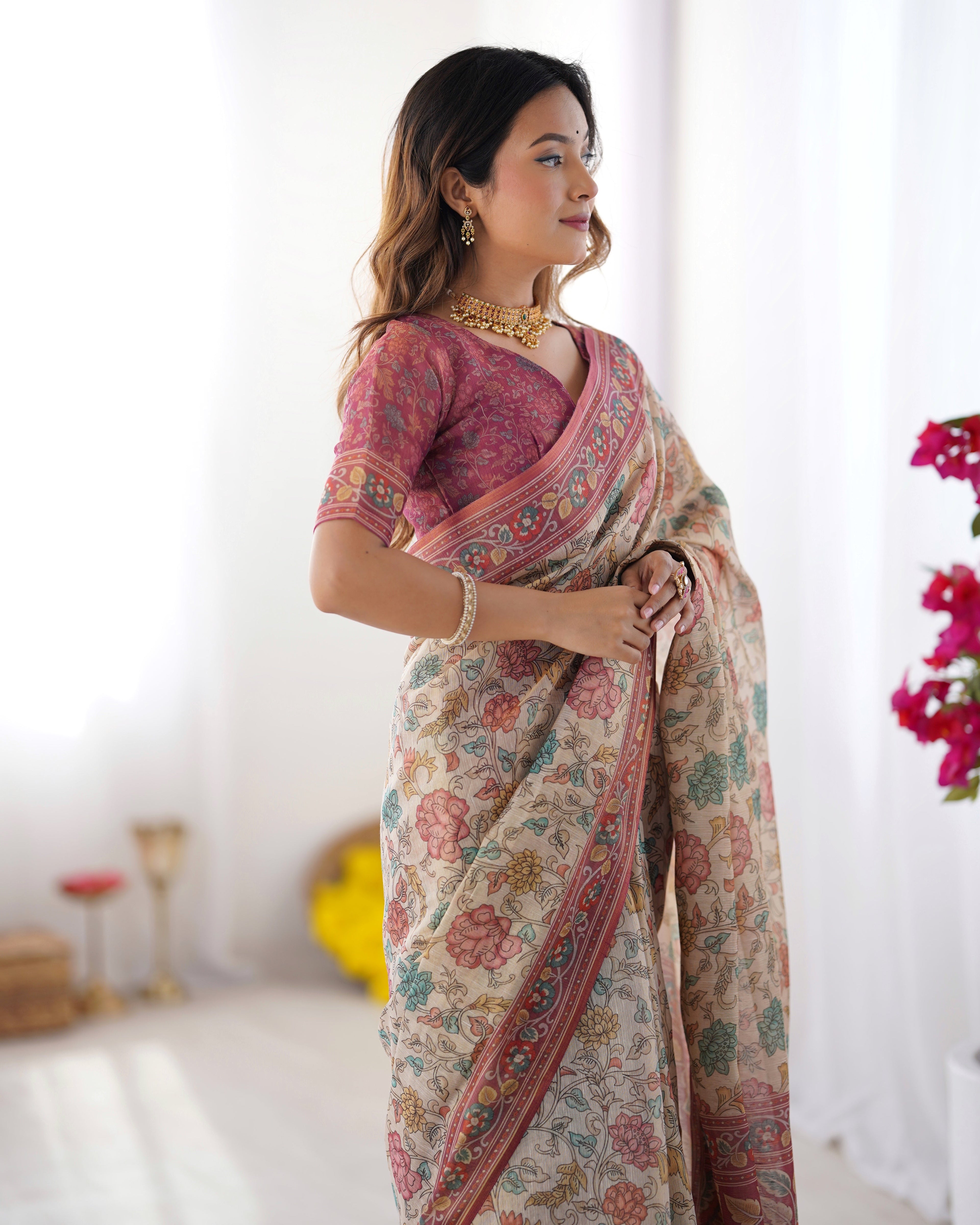 Cream & Pink Handloom Cotton Saree with Pastel Floral Print and Ornamental Tree Pallu LINEN HANDLOOM