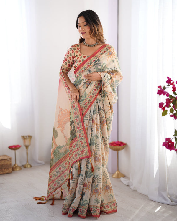 Beige & Red Handloom Linen Cotton Saree with Camel Caravan & Palace Artwork LINEN HANDLOOM