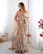 Load image into Gallery viewer, Beige &amp; Red Handloom Linen Cotton Saree with Camel Caravan &amp; Palace Artwork LINEN HANDLOOM