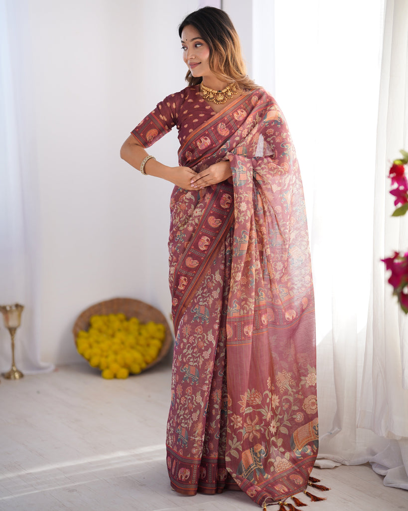 Maroon Pure Linen Cotton Handloom Saree with Elephant Motifs and Floral Digital Print LINEN HANDLOOM