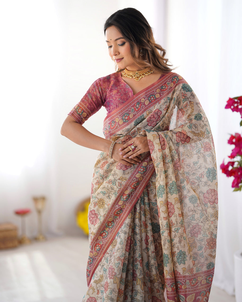 Cream & Pink Handloom Cotton Saree with Pastel Floral Print and Ornamental Tree Pallu LINEN HANDLOOM