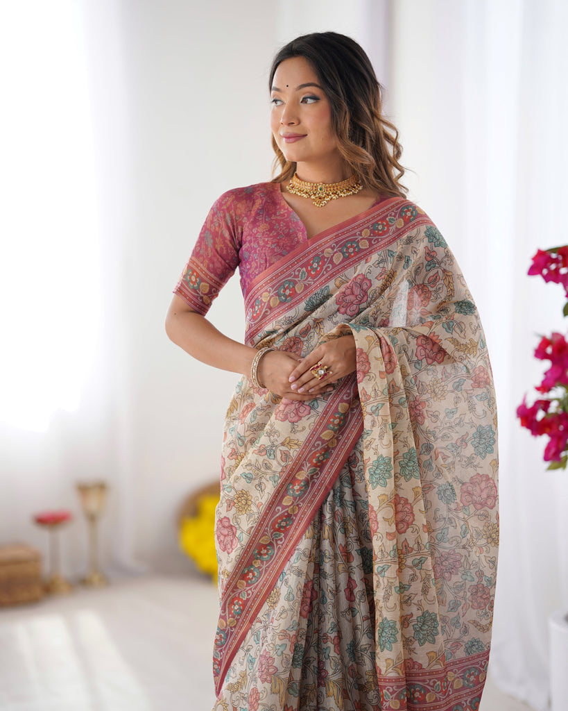 Cream & Pink Handloom Cotton Saree with Pastel Floral Print and Ornamental Tree Pallu LINEN HANDLOOM