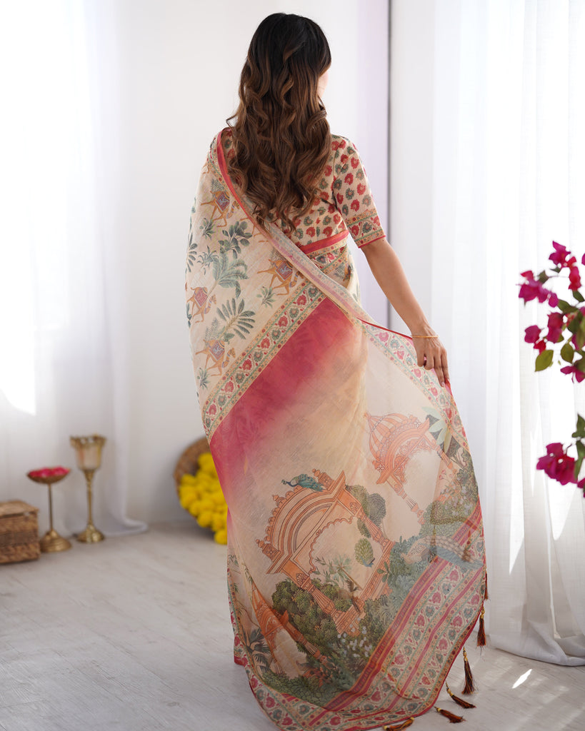 Beige & Red Handloom Linen Cotton Saree with Camel Caravan & Palace Artwork LINEN HANDLOOM