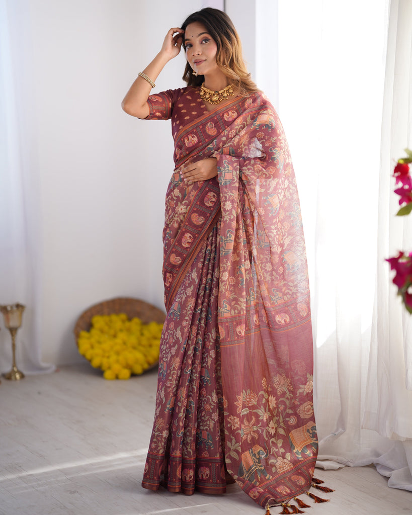 Maroon Pure Linen Cotton Handloom Saree with Elephant Motifs and Floral Digital Print LINEN HANDLOOM