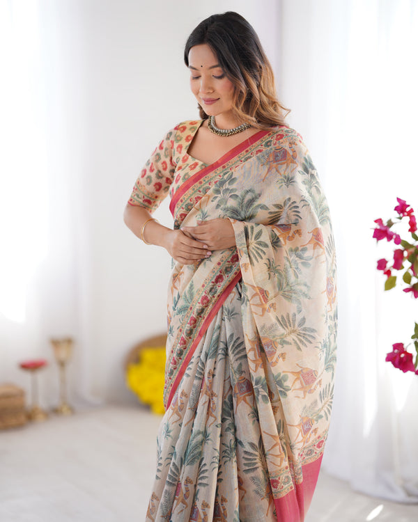 Beige & Red Handloom Linen Cotton Saree with Camel Caravan & Palace Artwork LINEN HANDLOOM