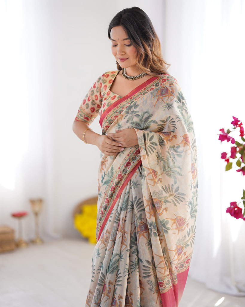 Beige & Red Handloom Linen Cotton Saree with Camel Caravan & Palace Artwork LINEN HANDLOOM