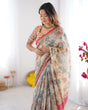 Load image into Gallery viewer, Beige &amp; Red Handloom Linen Cotton Saree with Camel Caravan &amp; Palace Artwork LINEN HANDLOOM