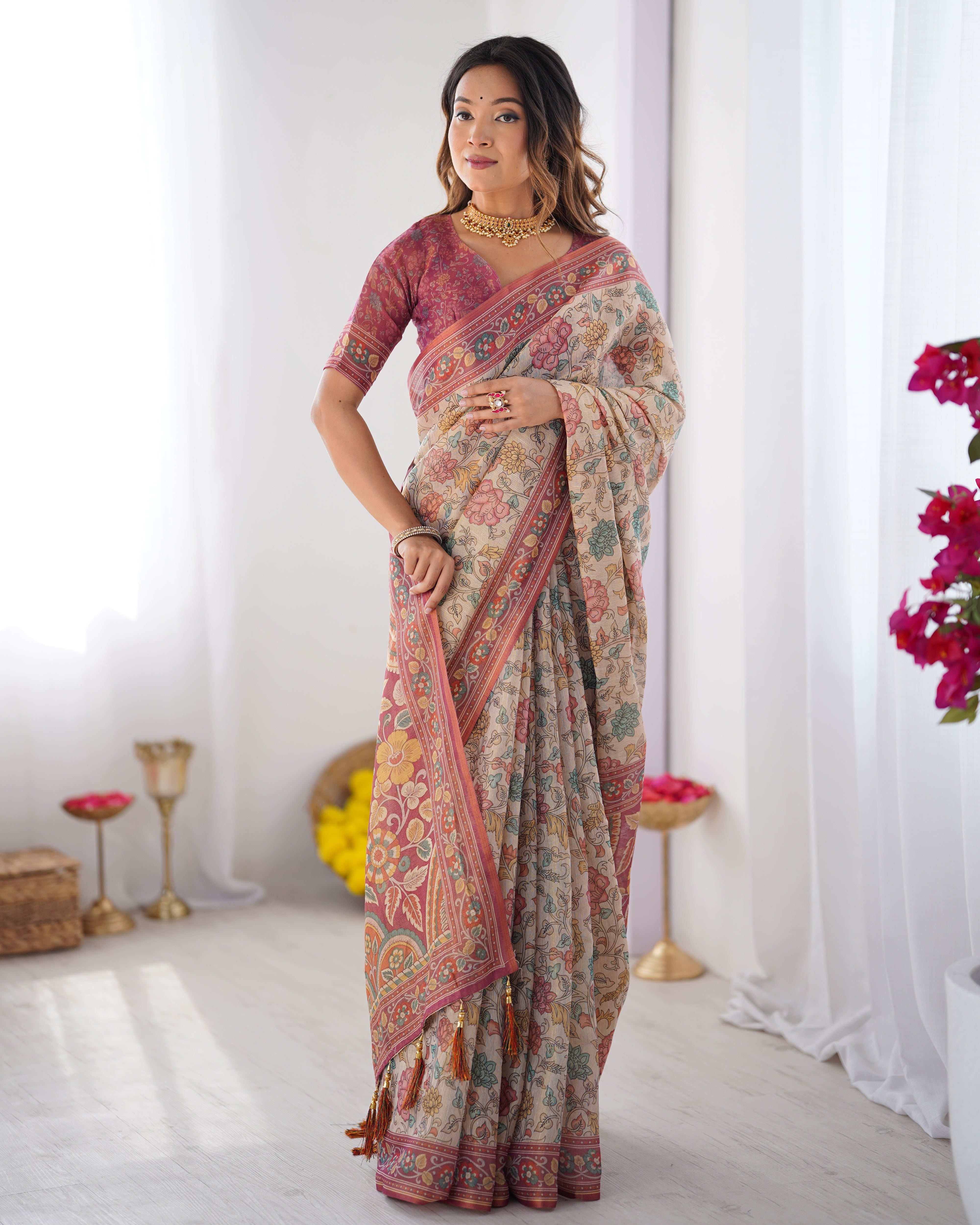 Cream & Pink Handloom Cotton Saree with Pastel Floral Print and Ornamental Tree Pallu LINEN HANDLOOM Main image