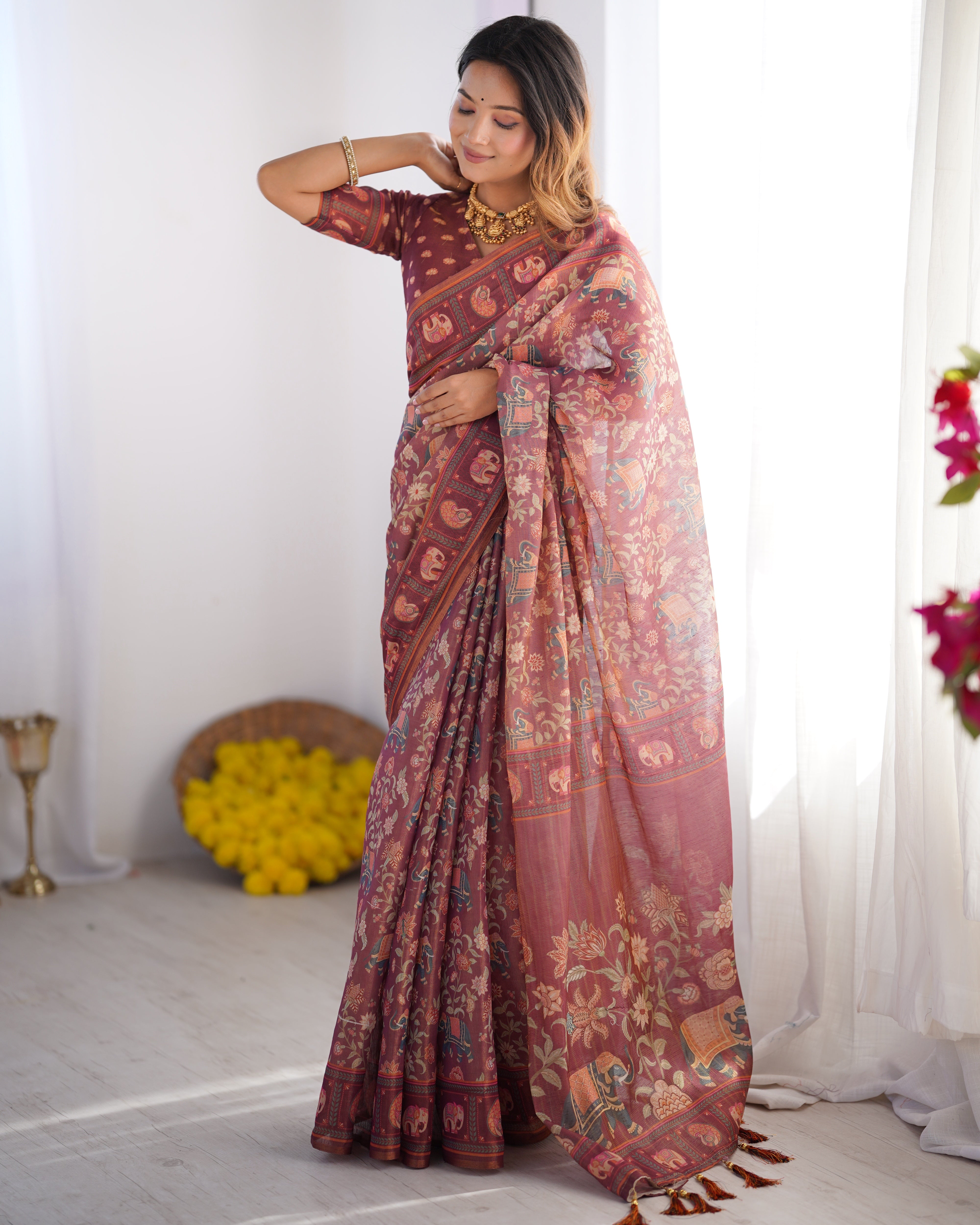 Maroon Pure Linen Cotton Handloom Saree with Elephant Motifs and Floral Digital Print Secondary image