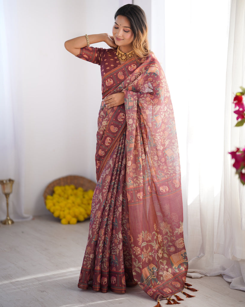 Maroon Pure Linen Cotton Handloom Saree with Elephant Motifs and Floral Digital Print LINEN HANDLOOM
