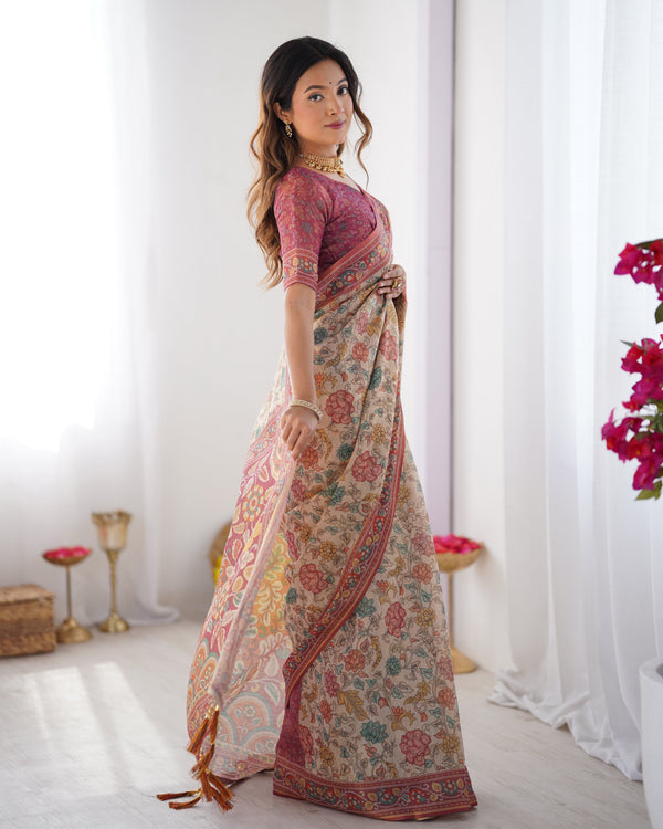 Cream & Pink Handloom Cotton Saree with Pastel Floral Print and Ornamental Tree Pallu LINEN HANDLOOM