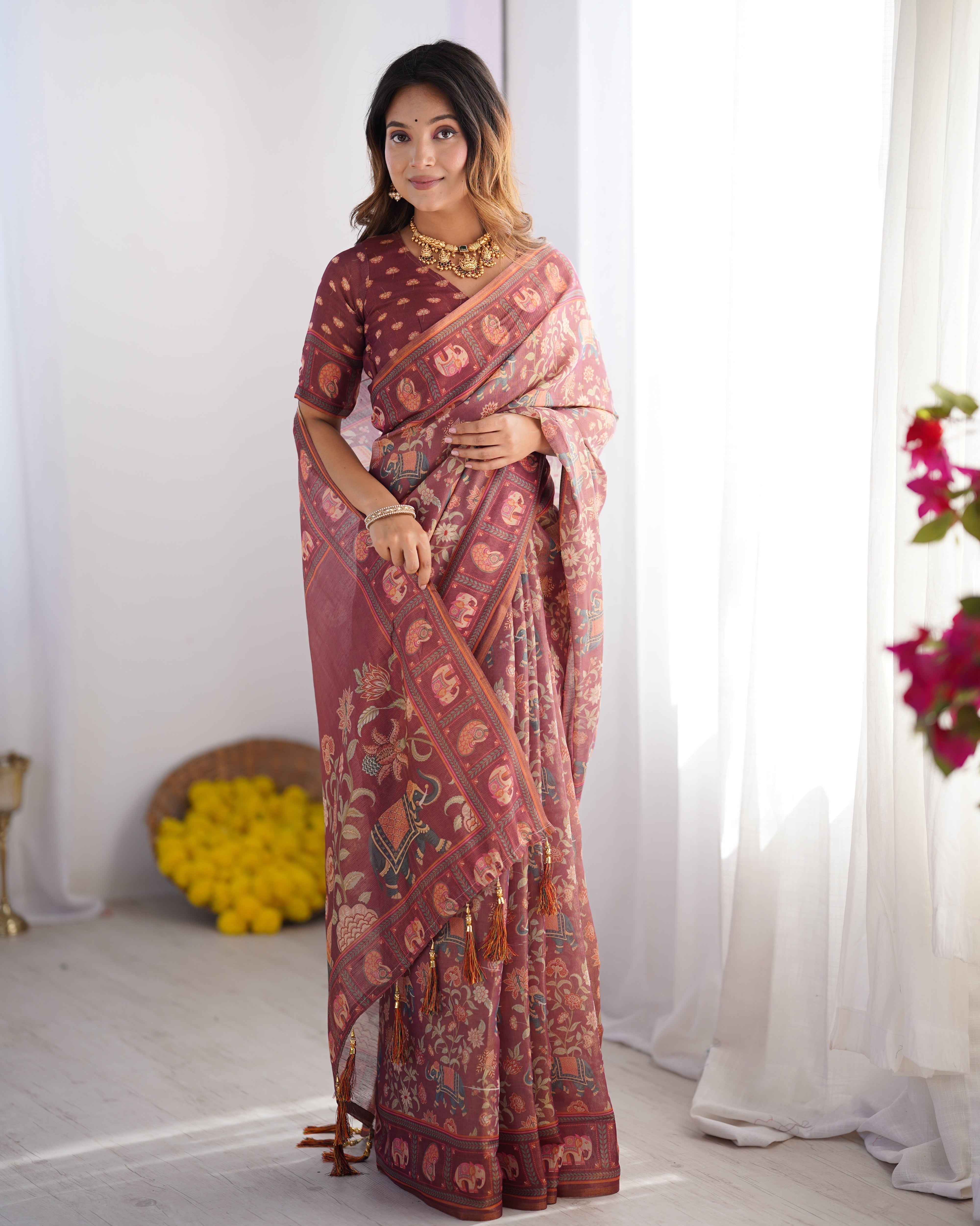Maroon Pure Linen Cotton Handloom Saree with Elephant Motifs and Floral Digital Print LINEN HANDLOOM Main image