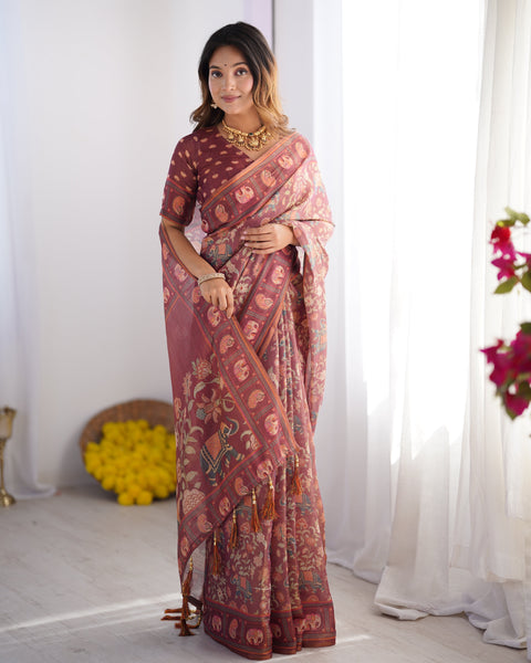 Maroon Pure Linen Cotton Handloom Saree with Elephant Motifs and Floral Digital Print LINEN HANDLOOM Main image