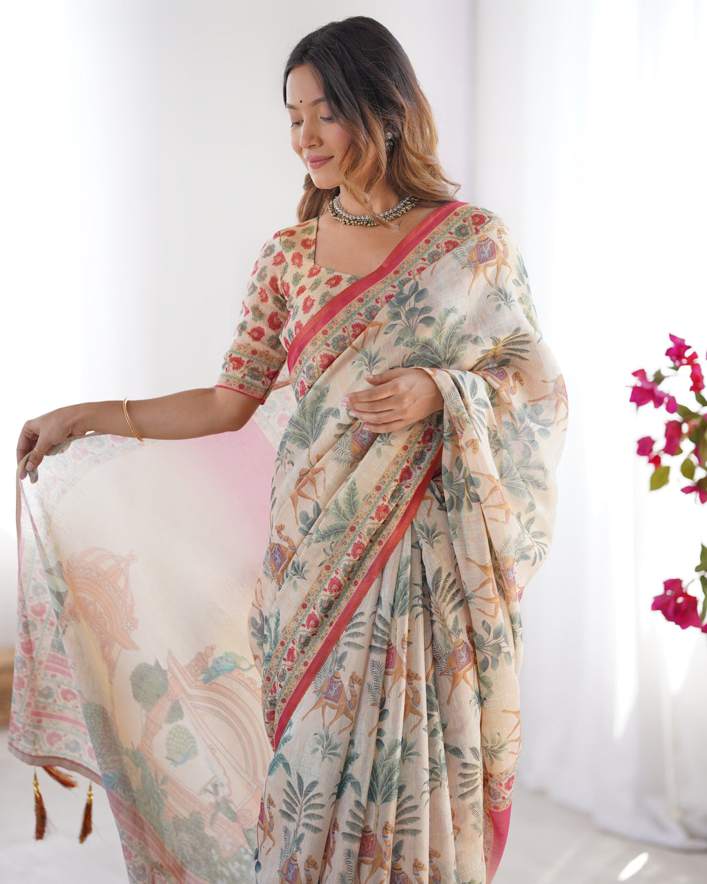 Beige & Red Handloom Linen Cotton Saree with Camel Caravan & Palace Artwork LINEN HANDLOOM