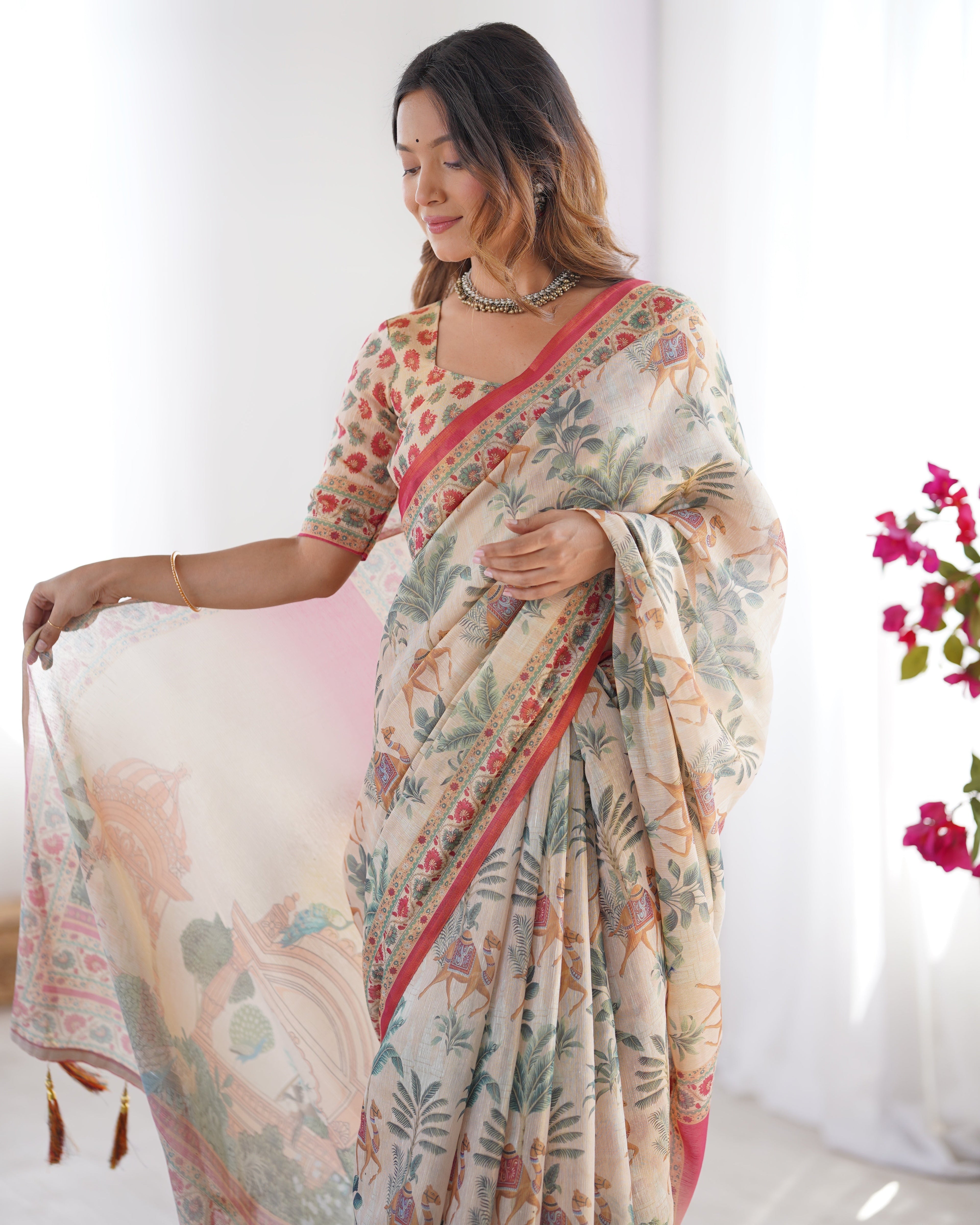 Beige & Red Handloom Linen Cotton Saree with Camel Caravan & Palace Artwork LINEN HANDLOOM