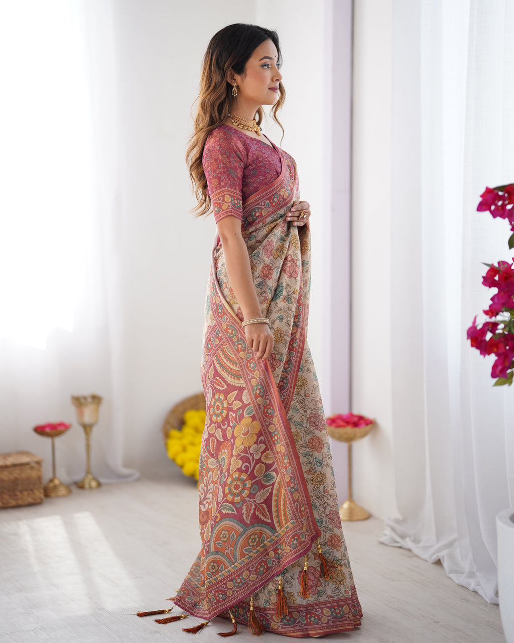 Cream & Pink Handloom Cotton Saree with Pastel Floral Print and Ornamental Tree Pallu LINEN HANDLOOM