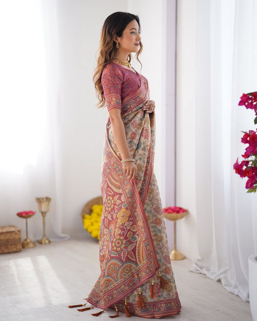 Cream & Pink Handloom Cotton Saree with Pastel Floral Print and Ornamental Tree Pallu LINEN HANDLOOM