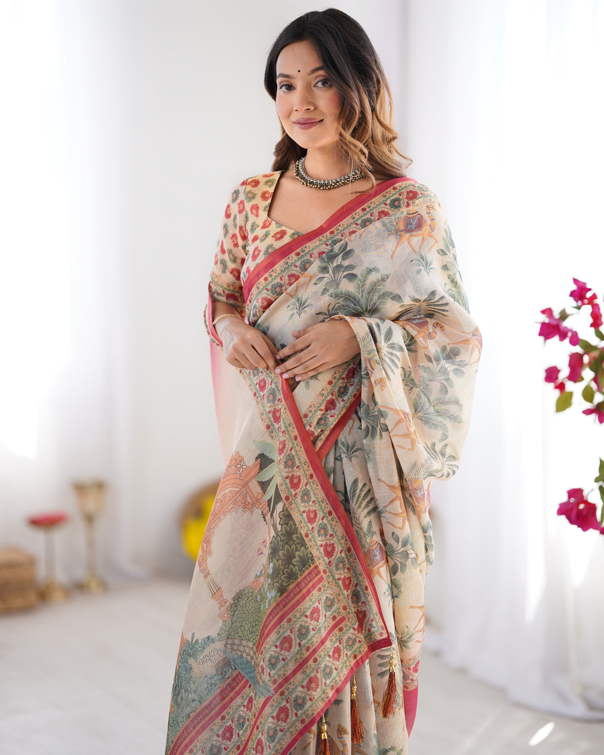 Beige & Red Handloom Linen Cotton Saree with Camel Caravan & Palace Artwork LINEN HANDLOOM Main image