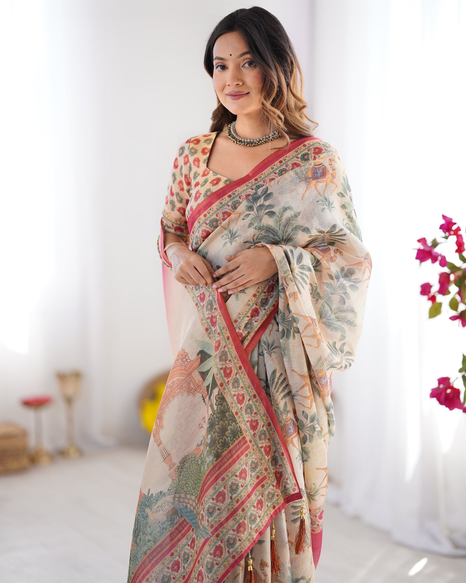 Beige & Red Handloom Linen Cotton Saree with Camel Caravan & Palace Artwork LINEN HANDLOOM