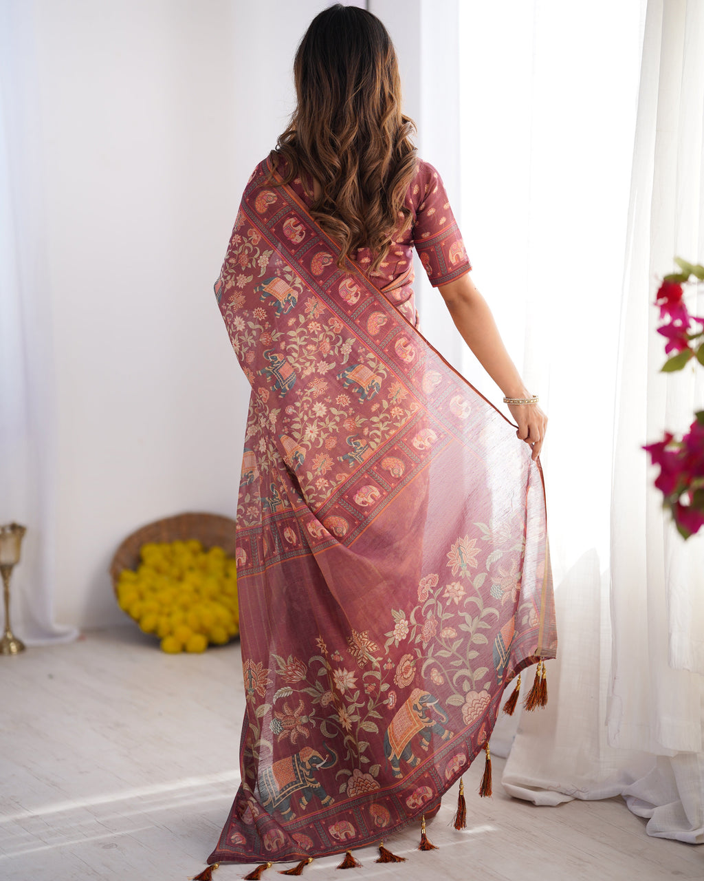 Maroon Pure Linen Cotton Handloom Saree with Elephant Motifs and Floral Digital Print LINEN HANDLOOM