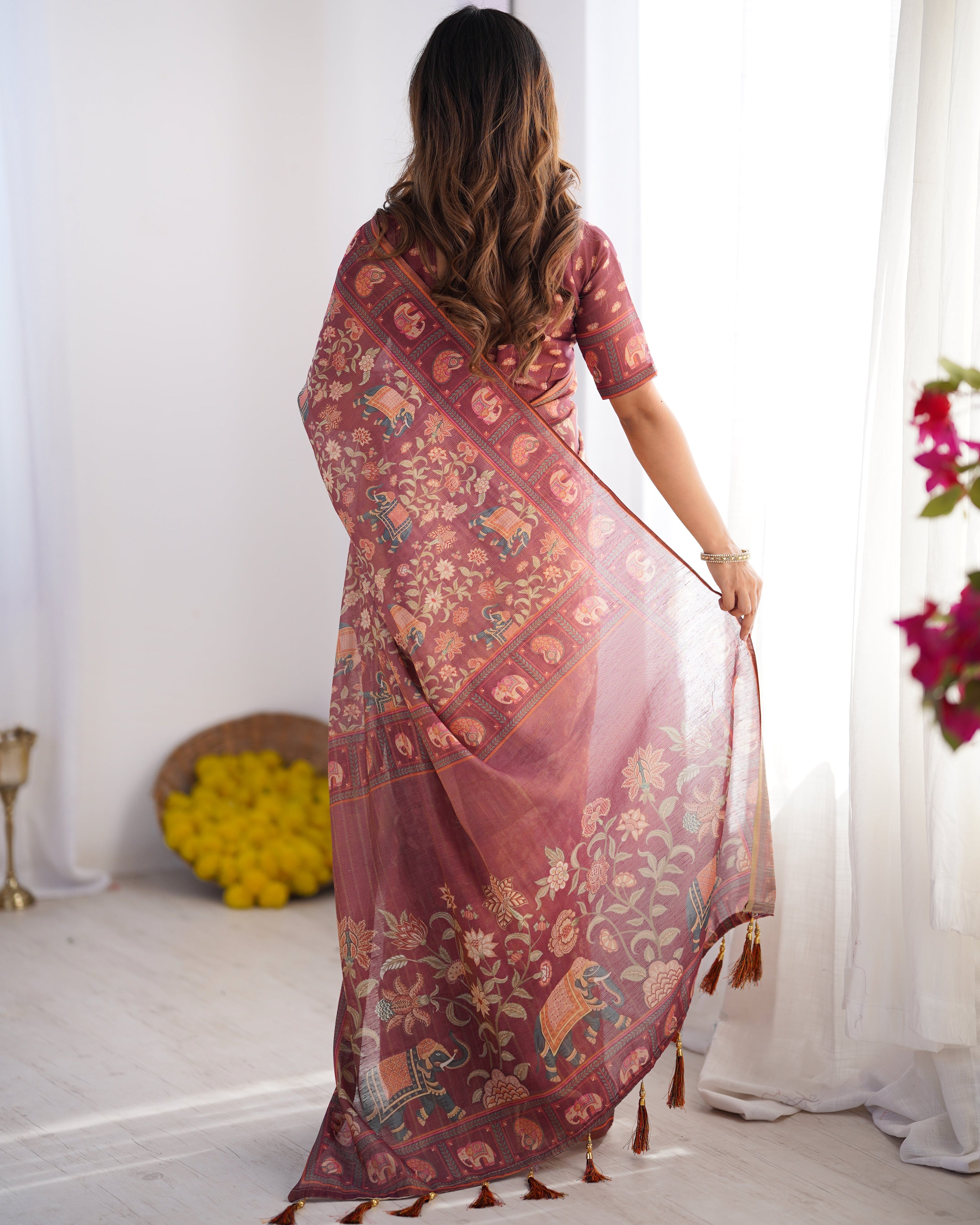 Maroon Pure Linen Cotton Handloom Saree with Elephant Motifs and Floral Digital Print LINEN HANDLOOM