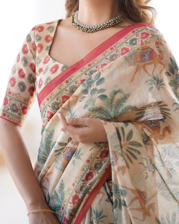 Beige & Red Handloom Linen Cotton Saree with Camel Caravan & Palace Artwork LINEN HANDLOOM