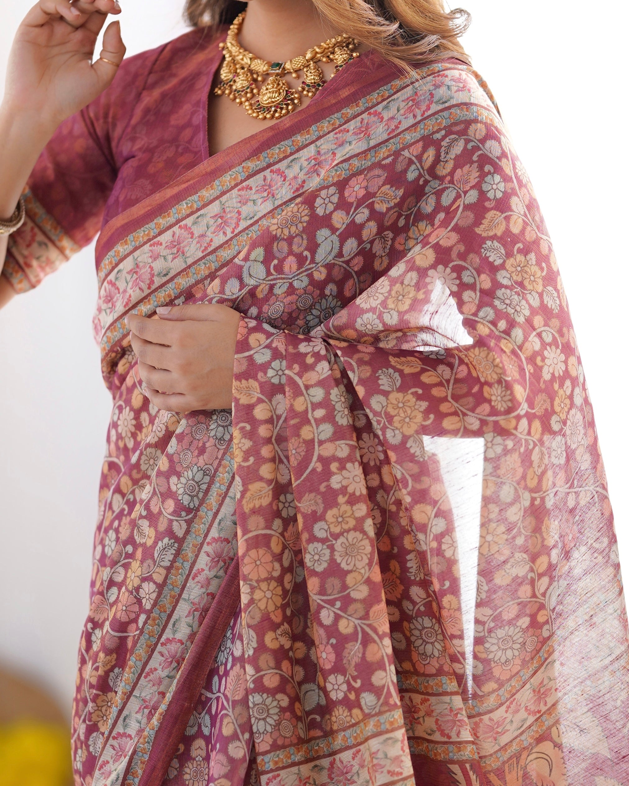 Maroon Pure Linen Cotton Handloom Saree with Elephant & Floral Folk Art LINEN HANDLOOM