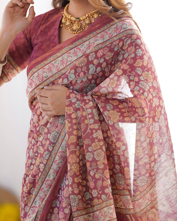 Maroon Pure Linen Cotton Handloom Saree with Elephant & Floral Folk Art LINEN HANDLOOM
