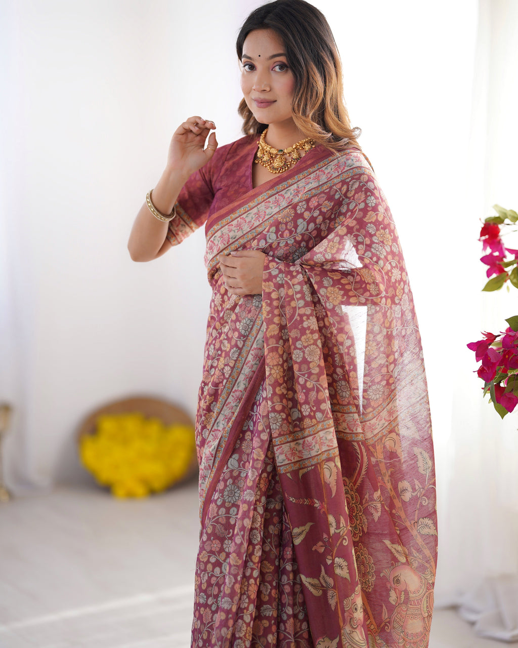 Maroon Pure Linen Cotton Handloom Saree with Elephant & Floral Folk Art LINEN HANDLOOM