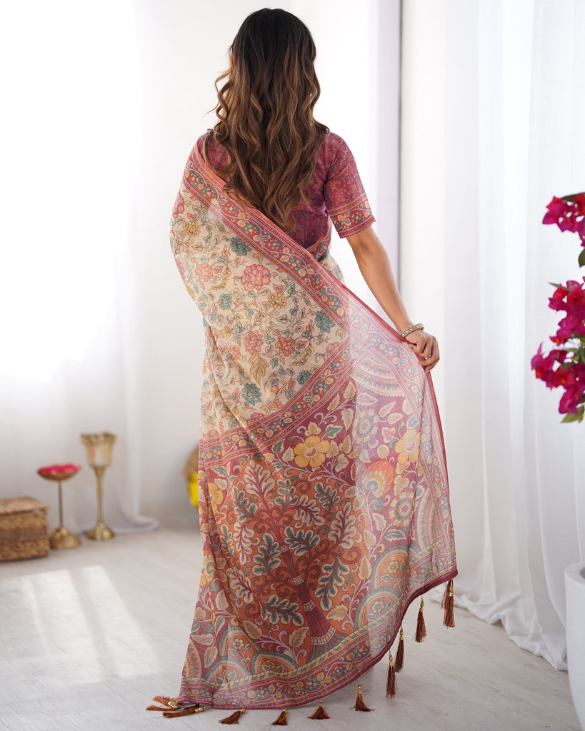 Cream & Pink Handloom Cotton Saree with Pastel Floral Print and Ornamental Tree Pallu LINEN HANDLOOM