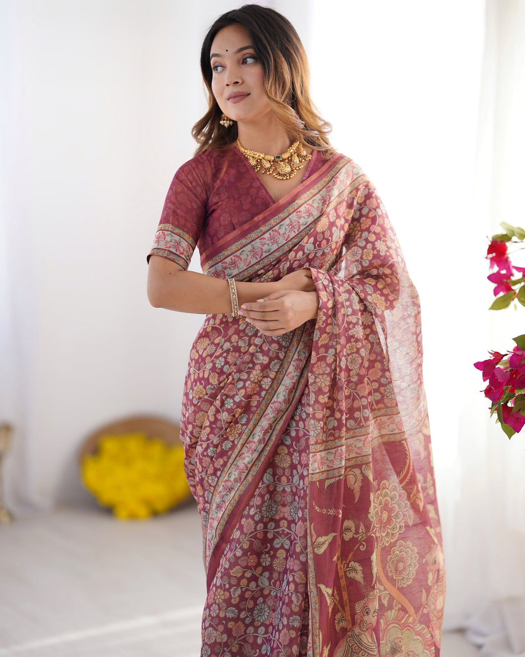 Maroon Pure Linen Cotton Handloom Saree with Elephant & Floral Folk Art LINEN HANDLOOM
