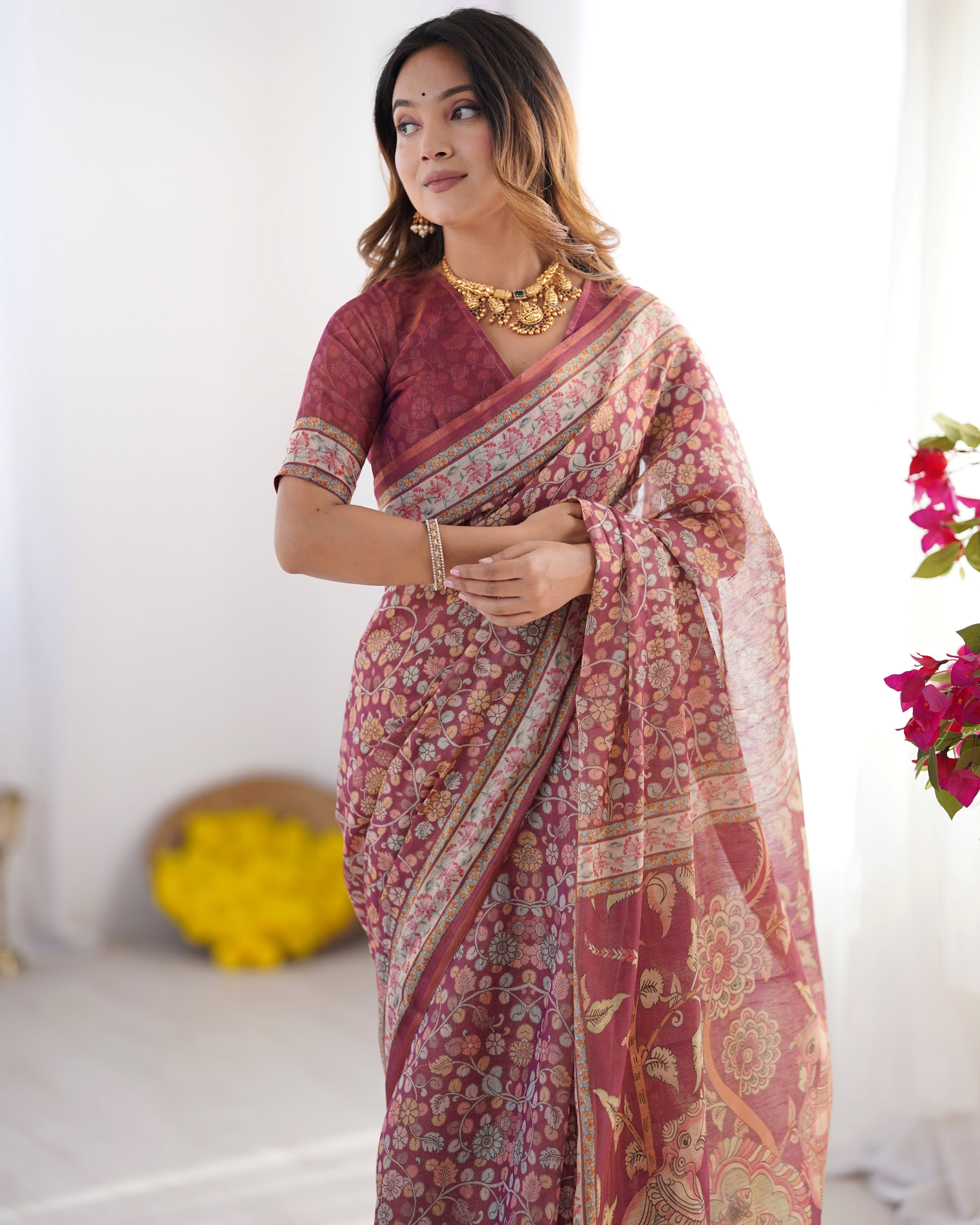 Maroon Pure Linen Cotton Handloom Saree with Elephant & Floral Folk Art LINEN HANDLOOM