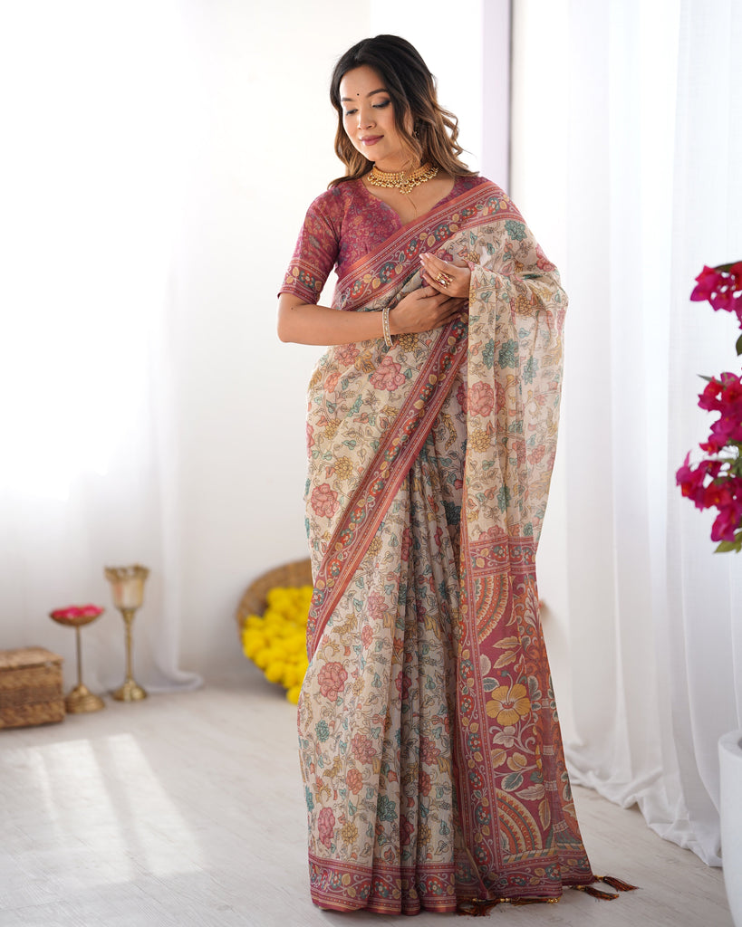 Cream & Pink Handloom Cotton Saree with Pastel Floral Print and Ornamental Tree Pallu LINEN HANDLOOM