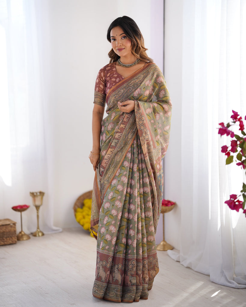Olive Green Pure Linen Cotton Handloom Saree with Pink Lotus Motifs & Maroon Blouse LINEN HANDLOOM
