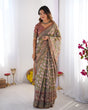 Load image into Gallery viewer, Olive Green Pure Linen Cotton Handloom Saree with Pink Lotus Motifs &amp; Maroon Blouse LINEN HANDLOOM