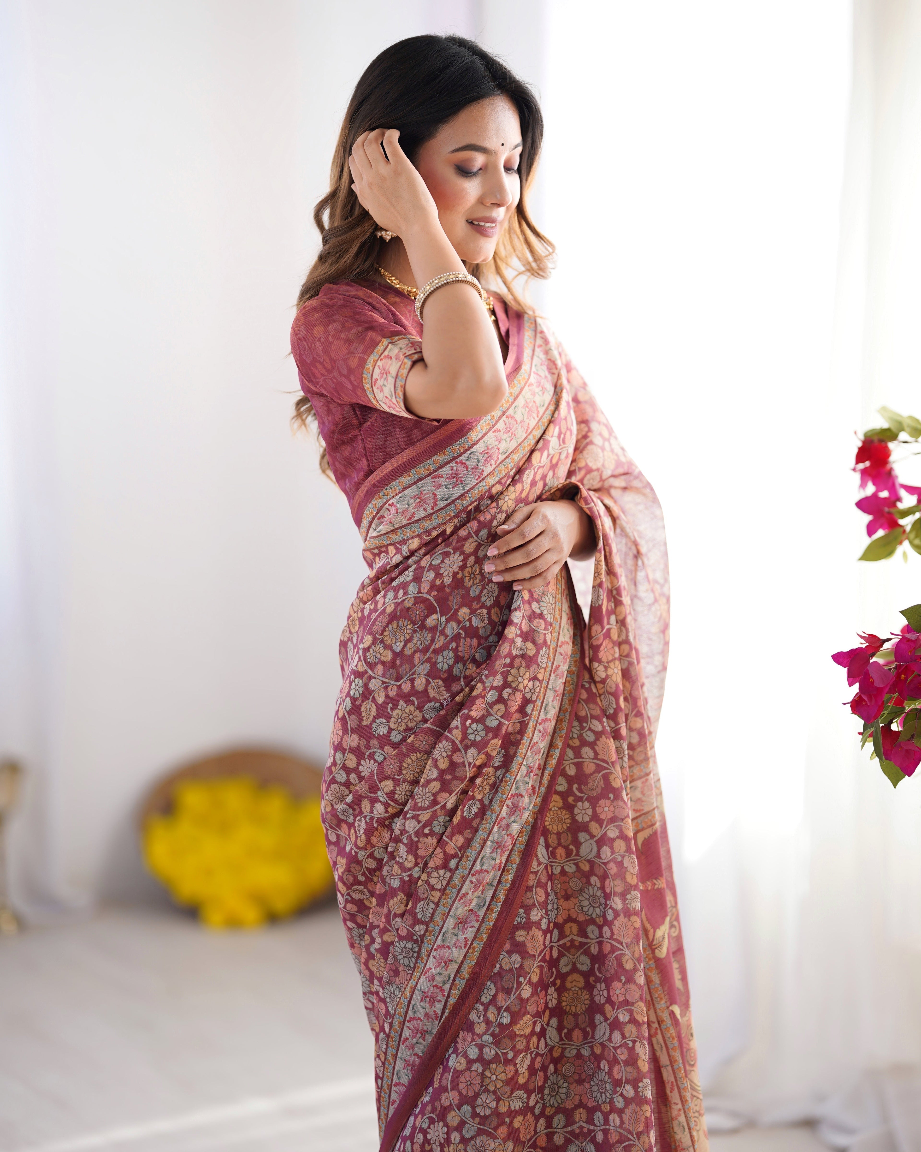 Maroon Pure Linen Cotton Handloom Saree with Elephant & Floral Folk Art LINEN HANDLOOM