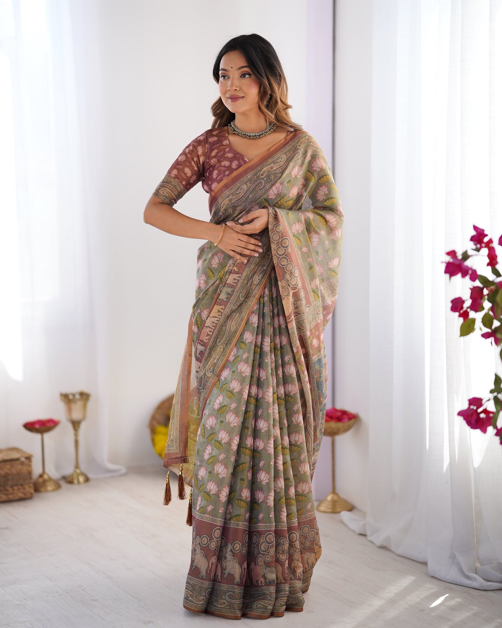 Olive Green Pure Linen Cotton Handloom Saree with Pink Lotus Motifs & Maroon Blouse LINEN HANDLOOM
