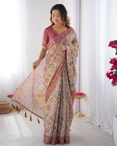 Cream & Pink Handloom Cotton Saree with Pastel Floral Print and Ornamental Tree Pallu LINEN HANDLOOM