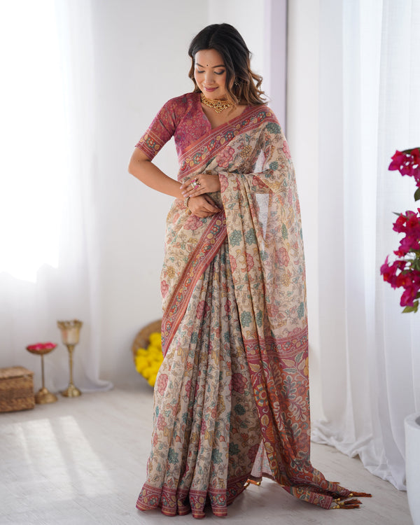Cream & Pink Handloom Cotton Saree with Pastel Floral Print and Ornamental Tree Pallu LINEN HANDLOOM