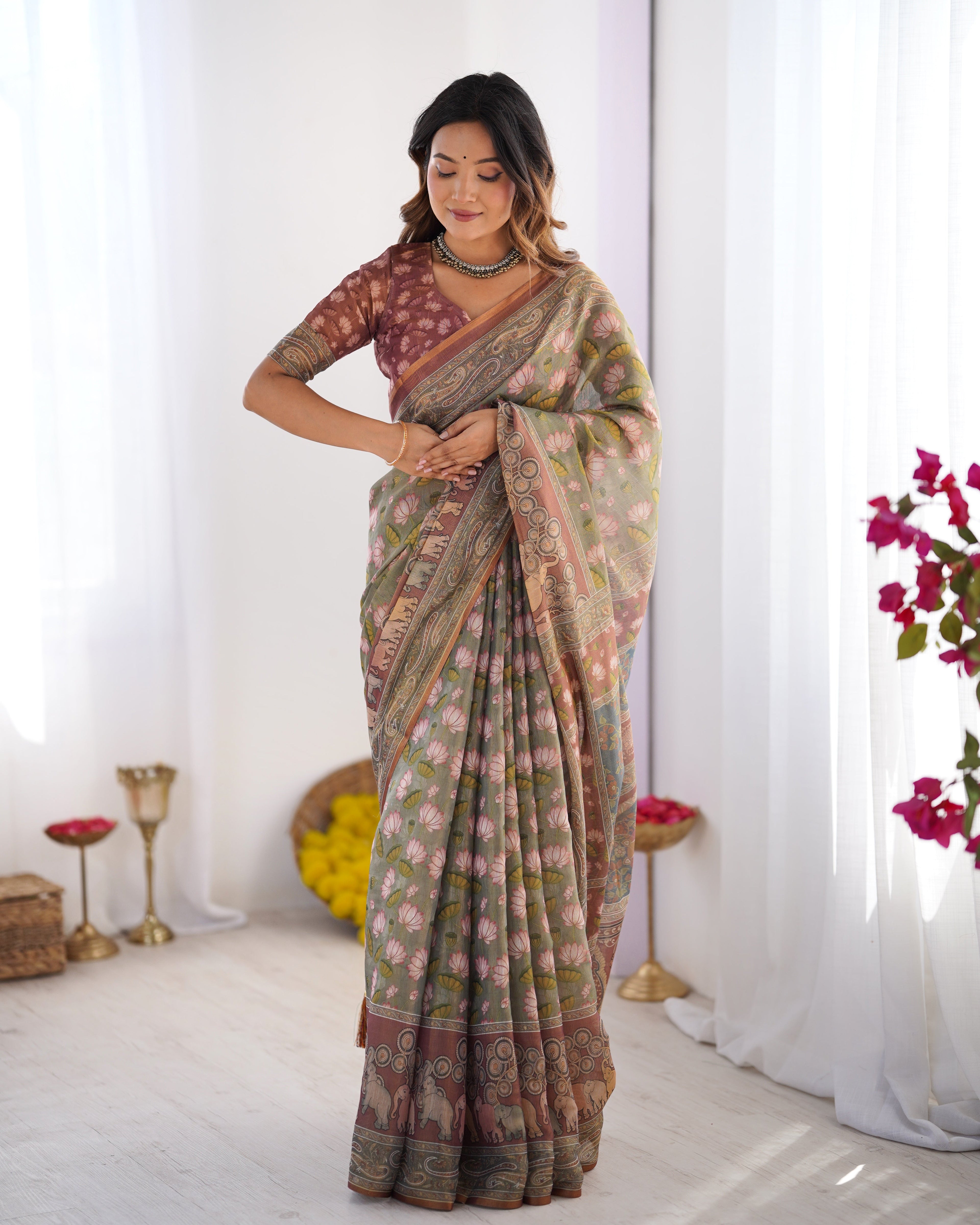Olive Green Pure Linen Cotton Handloom Saree with Pink Lotus Motifs & Maroon Blouse LINEN HANDLOOM